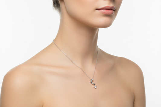 Rhodium Plated 925 Sterling Silver Moon and Clear CZ Star Pendant Adjustable Necklace