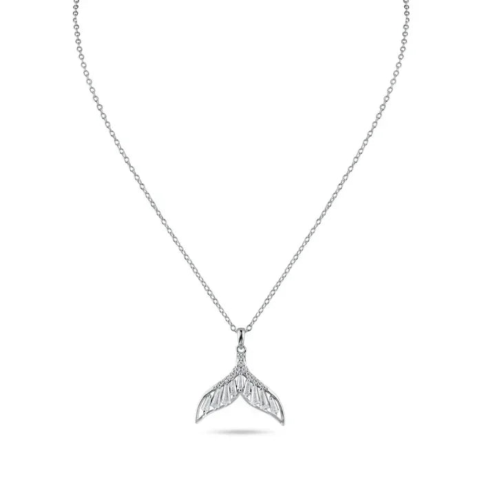 Rhodium Plated 925 Sterling Silver Whale Tail Clear Baguette CZ Necklace
