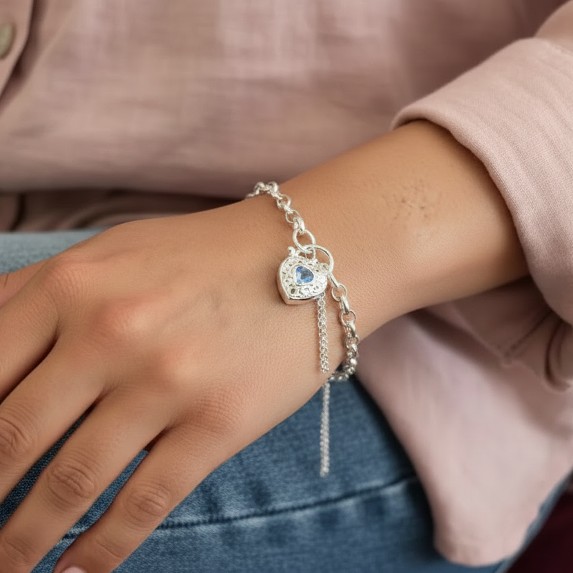 925 Sterling Silver Belcher Padlock Bracelet with Filigree Heart & Blue Topaz