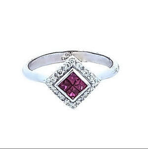 White Gold Halo Square Shape Invisible Setting Ruby and Diamond Ring. 18k 3.2gr. R:0.40ct TDW: 0.2ct