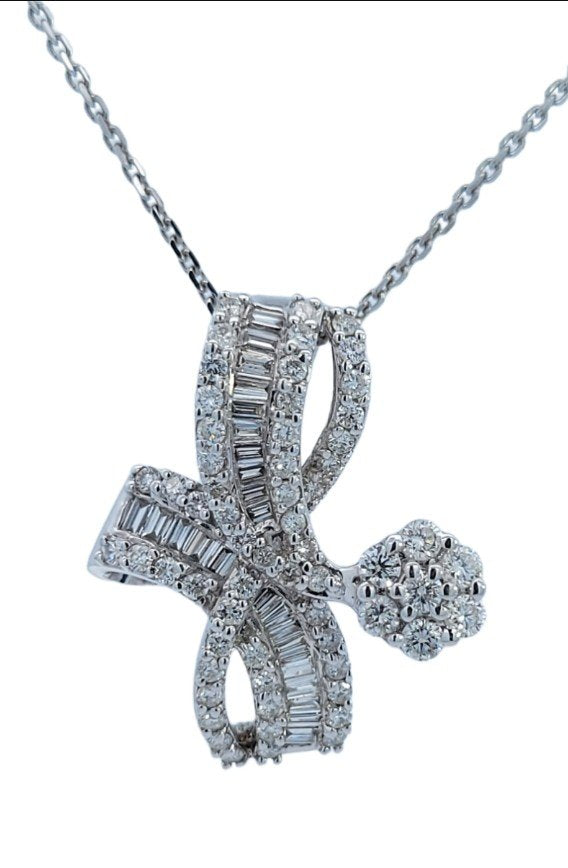 White Gold Bow and Flower Shape Diamond Pendant with Round and Baguettes. 18k 4.3gr TDW: 1.6ct VS FG