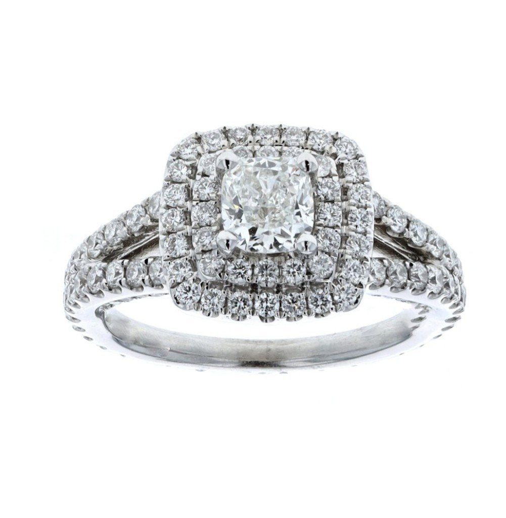 White Gold Engagement Halo Diamond Ring. Centre Stone: Round Cut .25ct. Plus 68 Round Diamonds on Table and Shoulders.14k, 3.7gr, TDW: 1.27ct SI-I. H-I