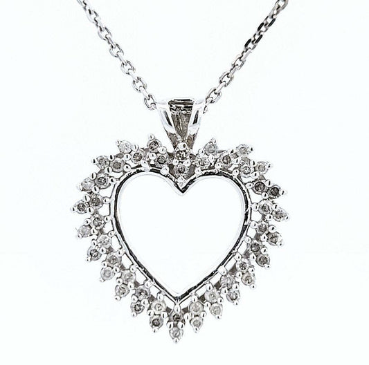 White Gold Double Row Diamond Pendant, Heart setting with 48 Round Natural Diamonds. 10k , TDW: 0.33ct