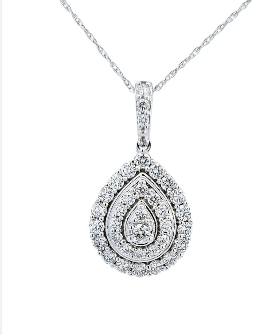 White Gold Pear Shape Double Halo Diamond Necklace 18". 0.5ct. SI GH, 14k, 3.1gr