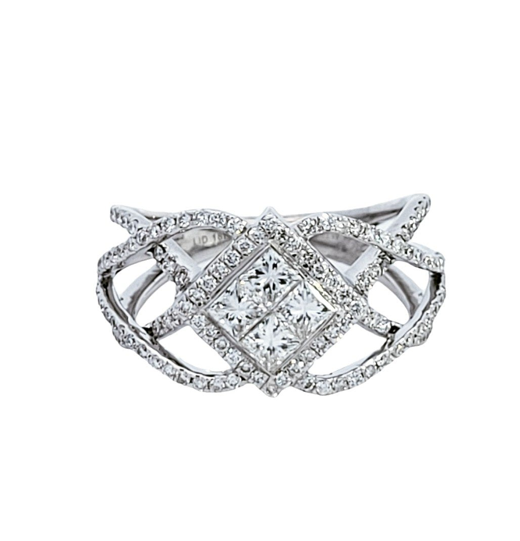 White Gold Wide Wave Shaped Pave' Diamond Ring with Princess Cluster Invisible Setting in Centre. 18K, 5.6GR,TDW: 1.13ct VS EF