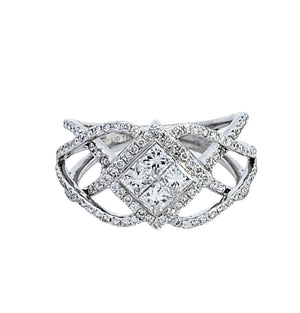 White Gold Wide Wave Shaped Pave' Diamond Ring with Princess Cluster Invisible Setting in Centre. 18K, 5.6GR,TDW: 1.13ct VS EF