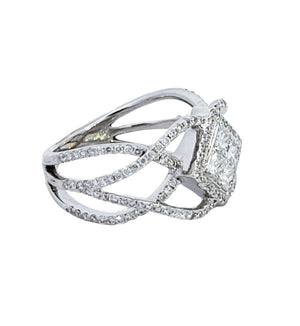 White Gold Wide Wave Shaped Pave' Diamond Ring with Princess Cluster Invisible Setting in Centre. 18K, 5.6GR,TDW: 1.13ct VS EF