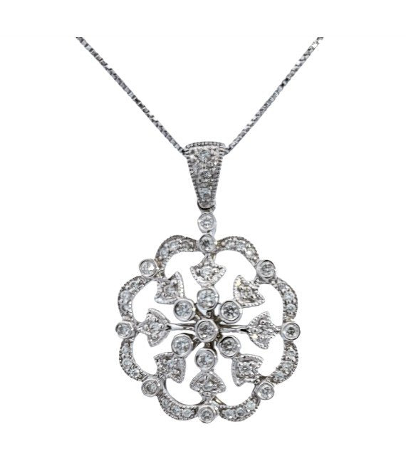 White Gold Filigri Deco Design Flower Shape Diamond Pendant. 43 Round Diamonds 18k TDW: 0.61ct SI GH