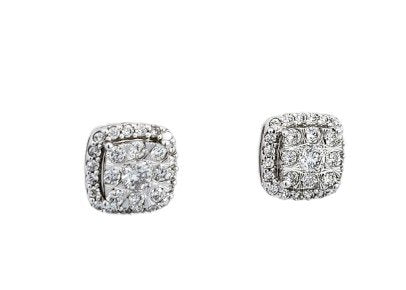 White Gold Cluster Halo Cushion Shape Diamond Earrings. TDW: .63ct, 14K