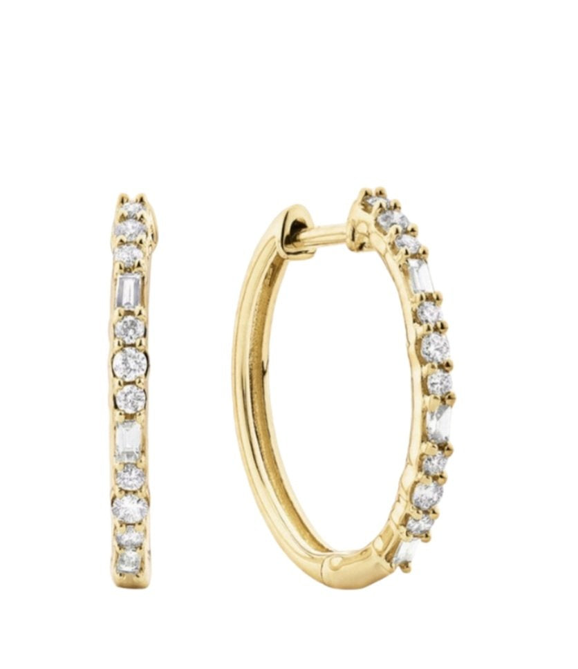 Yellow Gold Small Hoops Earrings.18 Natural Round diamonds TDW: .25ct SI GH14k2.8gr