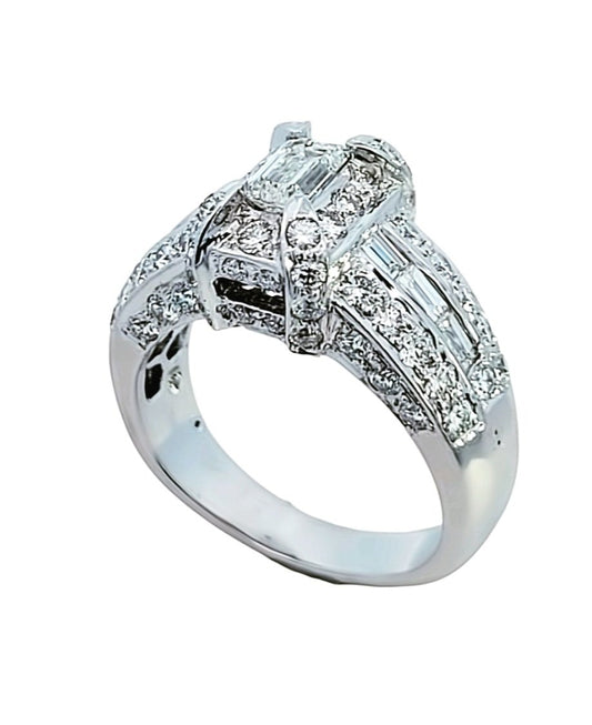 White Gold Classic Solitaire Diamond Ring with Emerald Cut, Baguettes and Round Diamonds. 18k, 12.5gr. Centre: Emerald Cut Natural Diamond  0.7ct VS G, TDW:  2.5ct, VS FG