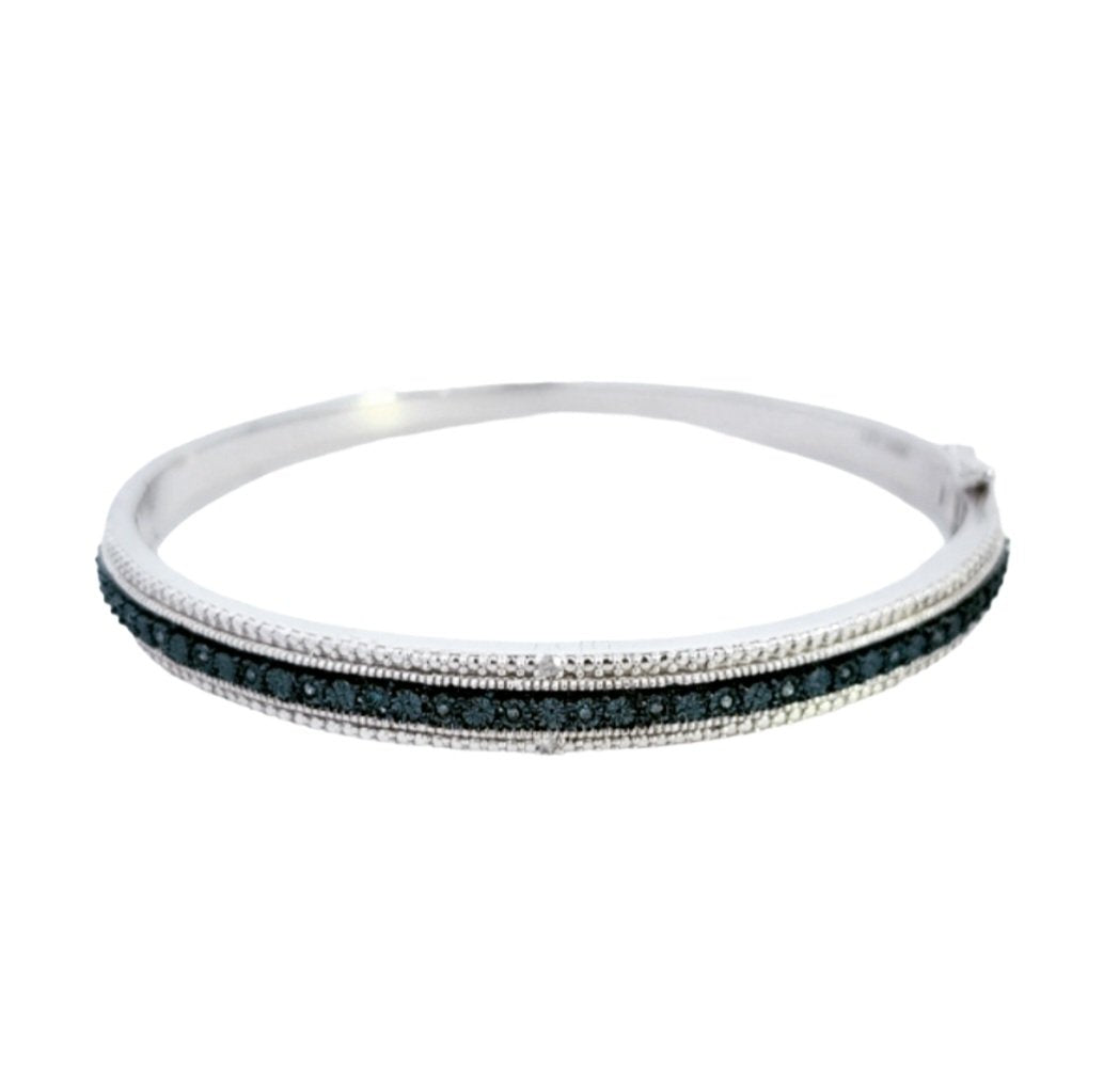 Blue and White Diamond Silver Bangle Bracelet. 925, 20.5gr. 17 Round Blue Diamonds, and Two Round Natural White Diamonds, TWD: 0.2ct