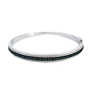 Blue and White Diamond Silver Bangle Bracelet. 925, 20.5gr. 17 Round Blue Diamonds, and Two Round Natural White Diamonds, TWD: 0.2ct