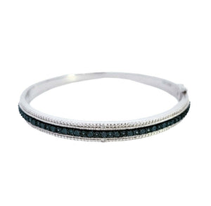 Blue and White Diamond Silver Bangle Bracelet. 925, 20.5gr. 17 Round Blue Diamonds, and Two Round Natural White Diamonds, TWD: 0.2ct