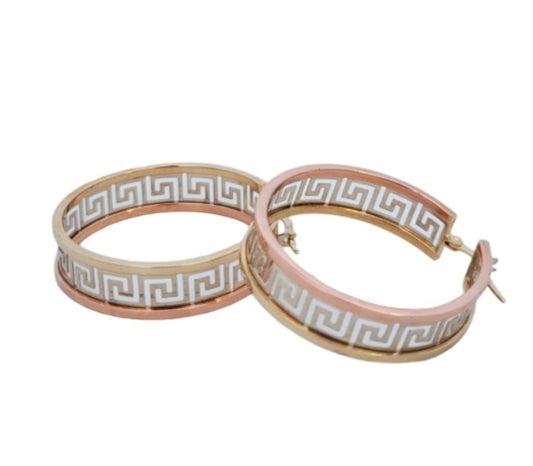 Tri-tone Yellow, White and Rose Gold Versace Style Hoop Earrings. 10k, 6.2gr, D: 30mm, Width: 8mm