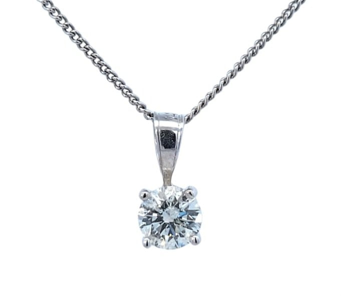 Certified White Gold Round Cut Diamond Solitaire Pendant. 14k, 0.5gr, 0.51ct, I1, H-I, #GSL 527212