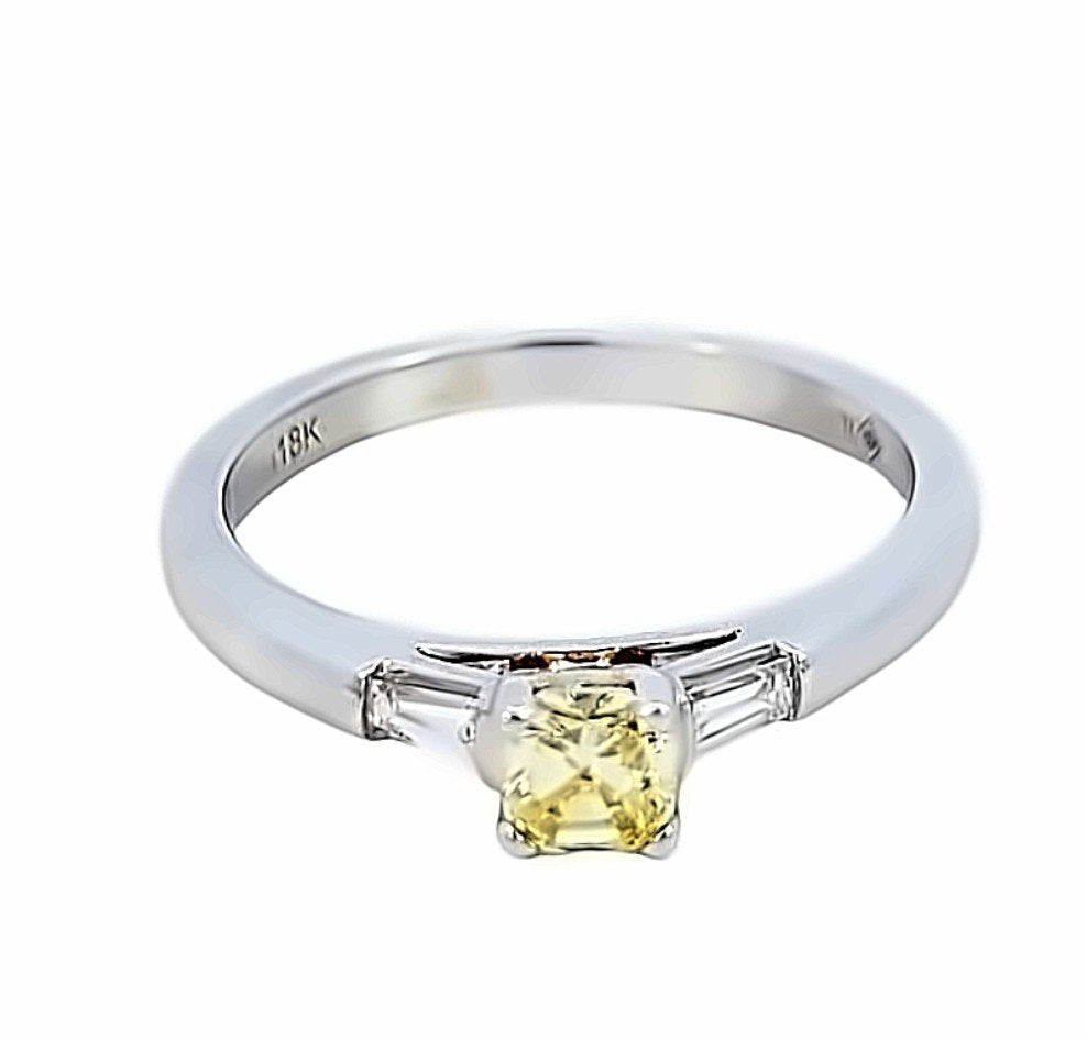 White Gold GIA Certified Cushion Cut Yellow Diamond, With Two Baguettes Ring.