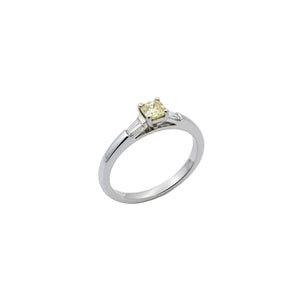 18K White Gold GIA Certified Cushion Cut Yellow Diamond With Two Baguettes Ring