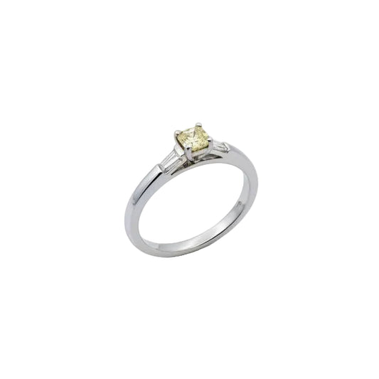 18K White Gold GIA Certified Cushion Cut Yellow Diamond With Two Baguettes Ring