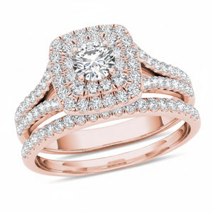 Rose Gold Double Cushion Frame Split Shank Bridal Set Diamond Ring 14k SET: 1.18ct