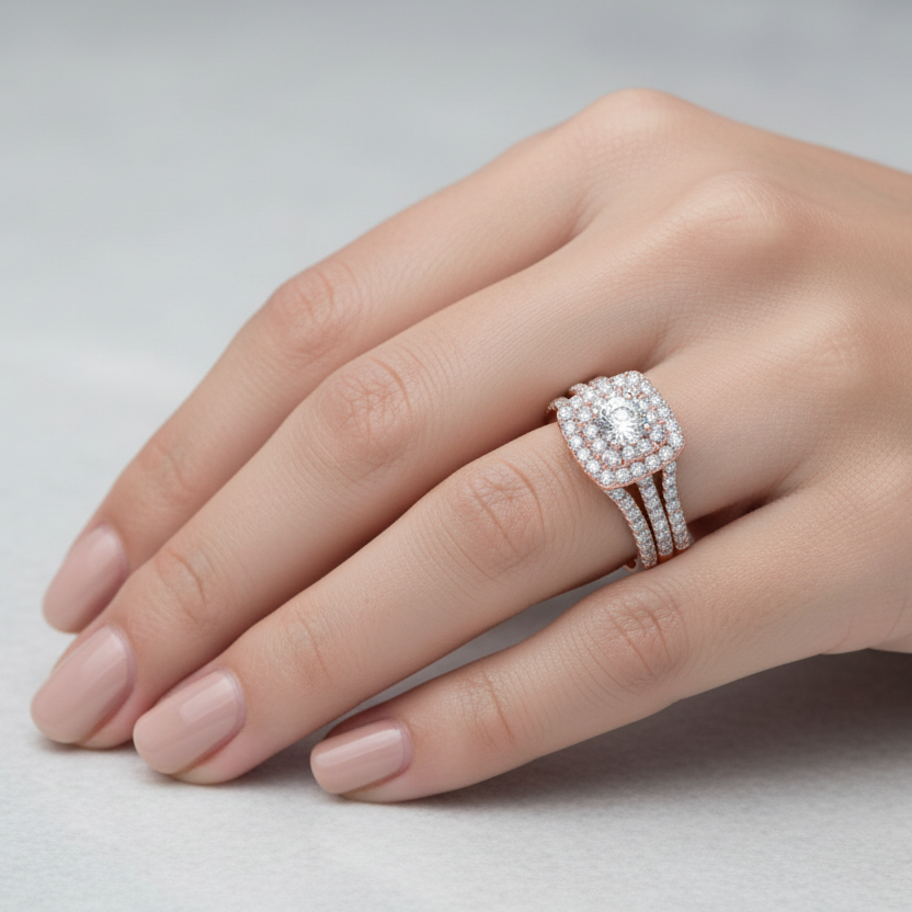 Rose Gold Double Cushion Frame Split Shank Bridal Set Diamond Ring 14k SET: 1.18ct