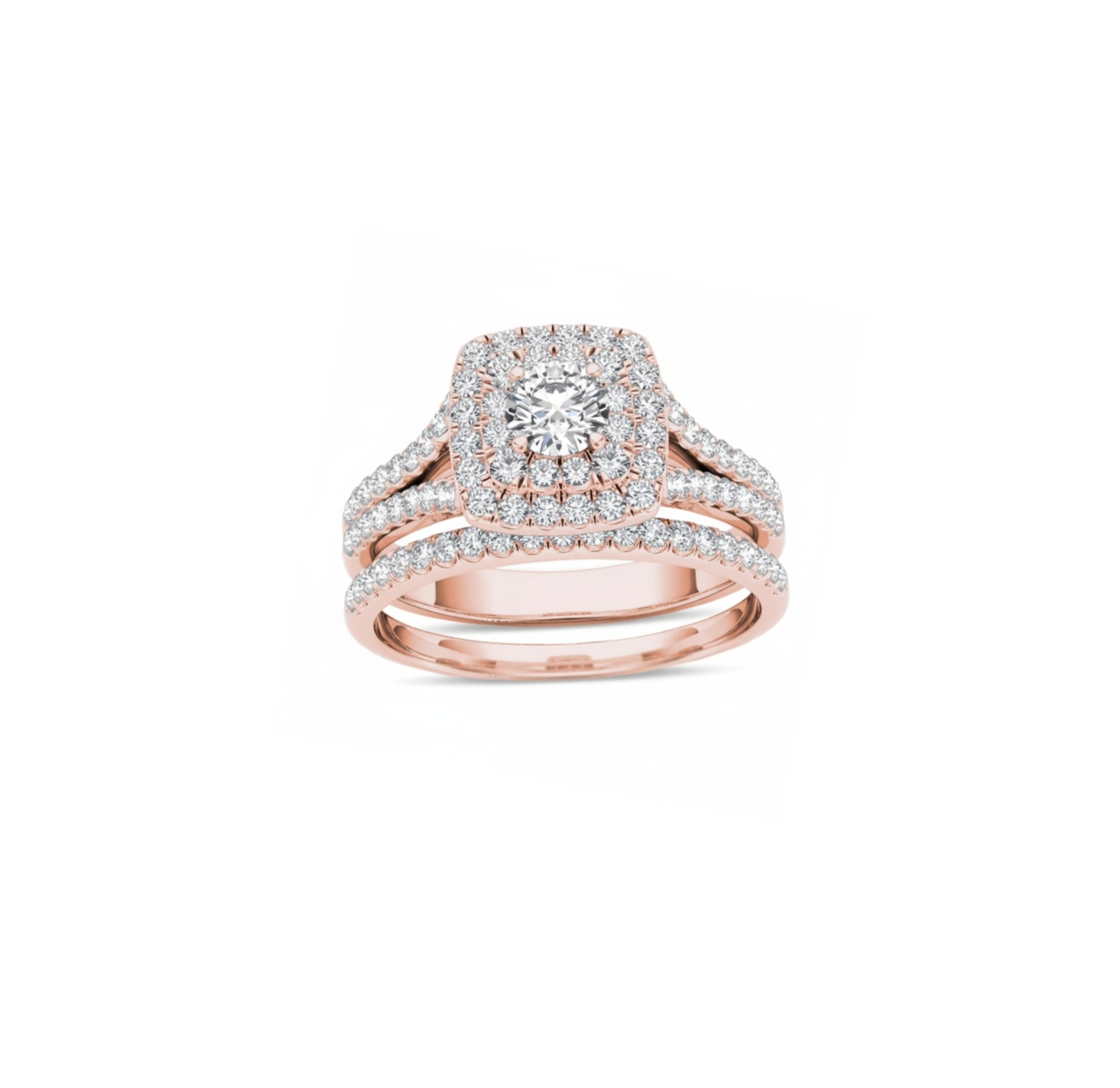 14K Rose Gold Double Cushion Frame Split Shank Bridal Set Diamond Ring SET: 1.18ct , Resale Vintage