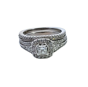 White Gold Round Halo Engagement Ring Set.  73 Round Diamonds and one Princes Cut 0.3ct in Center. 14k, 5.06gr, TDW: 1ct,  VS2-SI1, GH