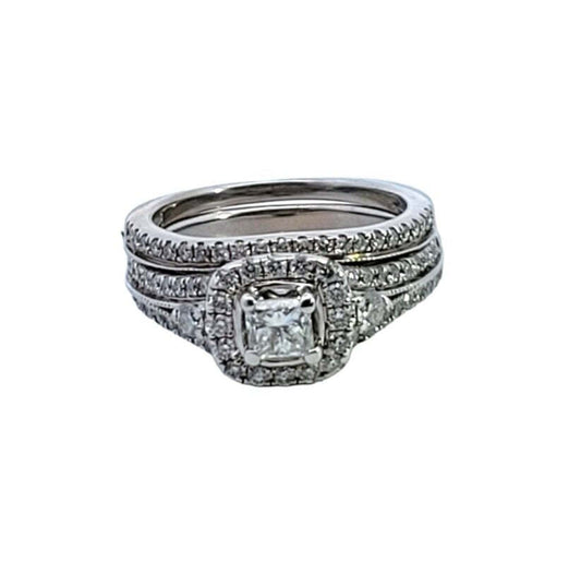 White Gold Round Halo Engagement Ring Set.  73 Round Diamonds and one Princes Cut 0.3ct in Center. 14k, 5.06gr, TDW: 1ct,  VS2-SI1, GH