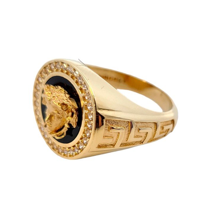 Yellow Gold Versace Face Onyx and CZ Men's Ring. 18k, 9.1gr