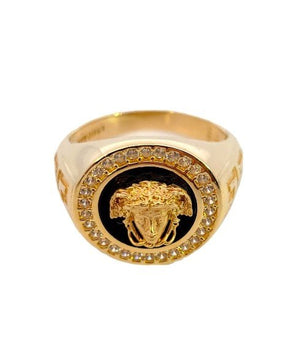 Yellow Gold Versace Face Onyx and CZ Men's Ring. 18k, 9.1gr