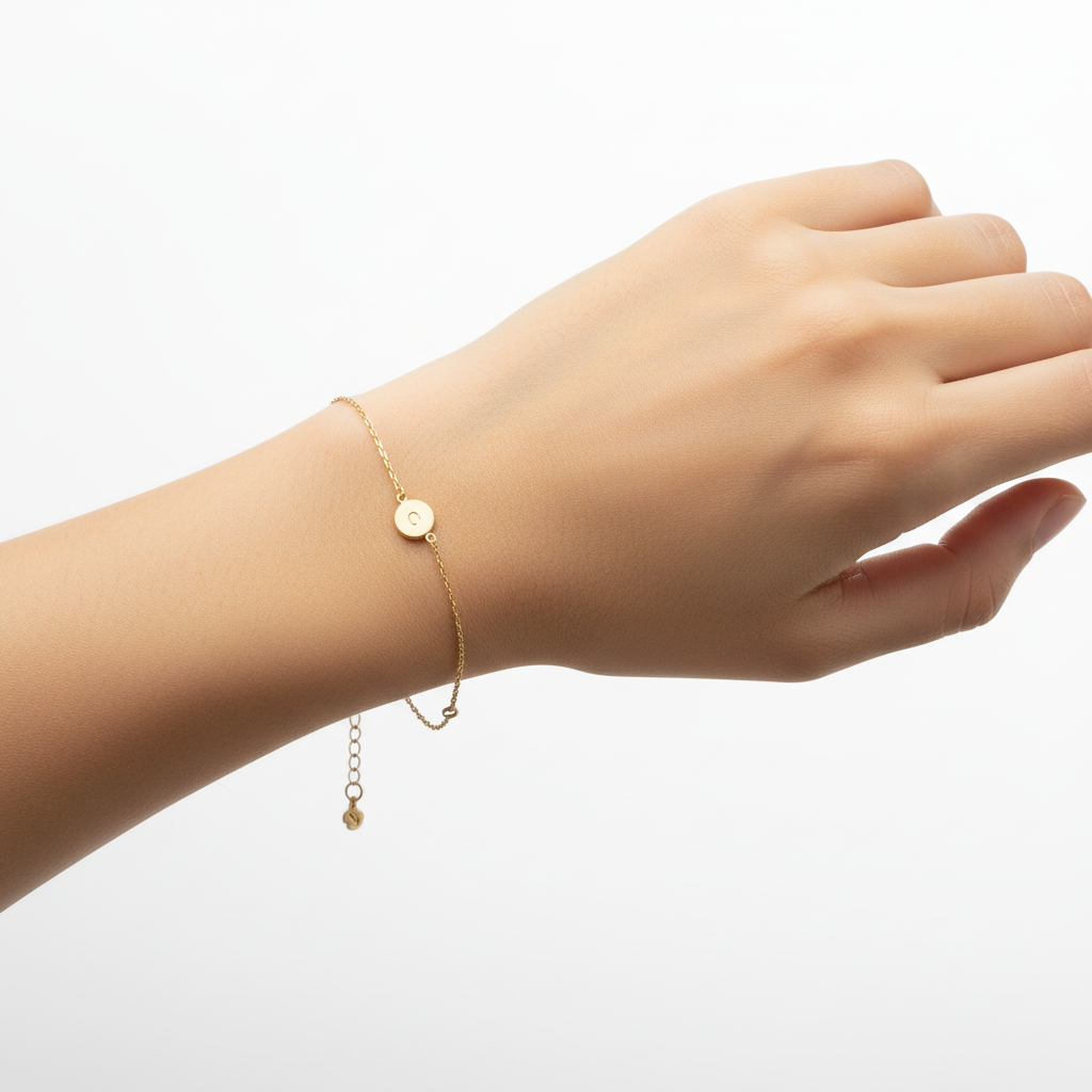 Yellow Gold Bracelet with one Circle setting with Cubic Zirconia, 14k,  6 1/2 to 7 1/2 Inches Adjustable