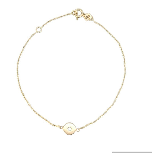 Yellow Gold Bracelet with one Circle setting with Cubic Zirconia, 14k,  6 1/2 to 7 1/2 Inches Adjustable