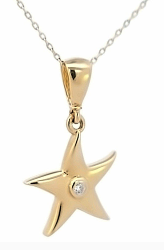 Yellow Gold  Necklace, Star Pendant  setting with Cubic Zirconia , 14k