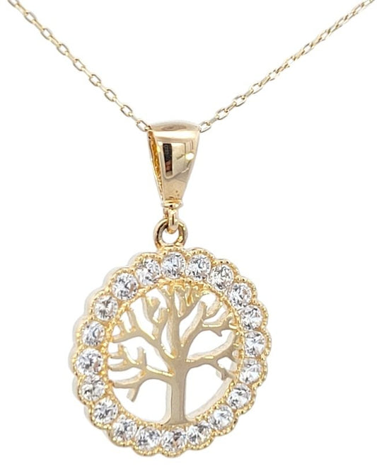 Yellow Gold  Necklace, Tree of Life Pendant  setting with Cubic Zirconia , 14k