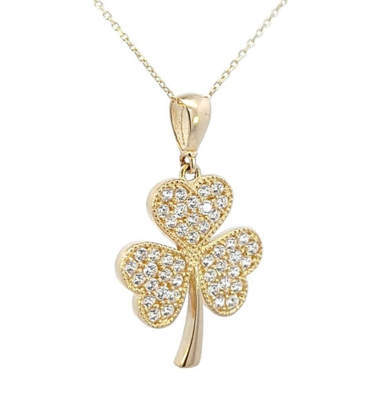 Yellow Gold  Necklace, Heart shape three leaf Flower Pendant  setting with Cubic Zirconia , 14k