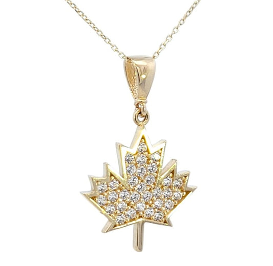 Yellow Gold  Necklace, Maple Leaf  Pendant  setting with Cubic Zirconia , 14k