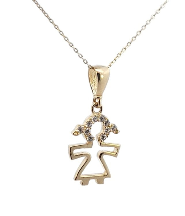 Yellow Gold  Necklace, Baby Girl Pendant  setting with Cubic Zirconia, 14k