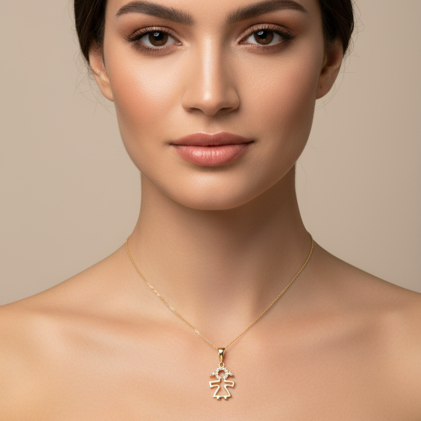 14K Yellow Gold Necklace with Girl Pendant with Cubic Zirconia