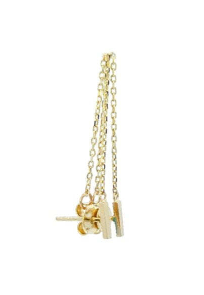 Yellow Gold Stud Earring with Hanging Chain, 14k