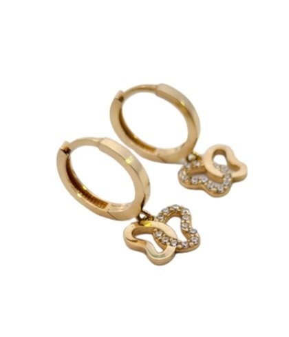 Yellow Gold Hoop Earrings with Hanging Butterfly and Cubic Zirconia setting, 14k