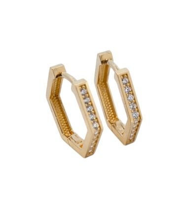 Yellow Gold Hexagonal Earrings setting with Cubic Zirconia, 16mm,14k