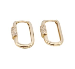 Yellow Gold Oval Earrings setting with Cubic Zirconia, 20mm,14k