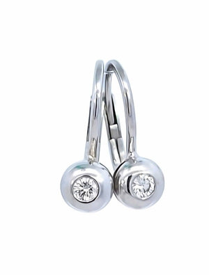 A pair of white gold lever back diamond drop earrings with a round-cut brilliant diamond in each setting.