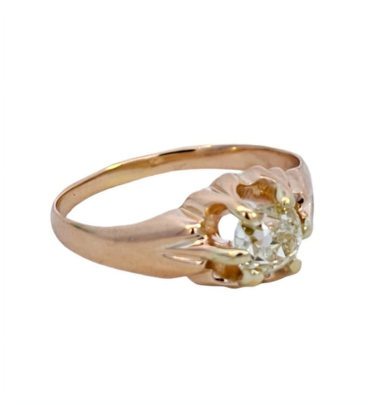 Yellow Gold Solitaire Belcher Set European Cut Diamond Ring.  14k, 2.6gr, 0.56ct, VS2, H