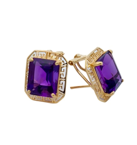14K Yellow Gold Emerald Cut Amethyst Earrings with Elver Back Clip. 5.5gr A: 9.20ct