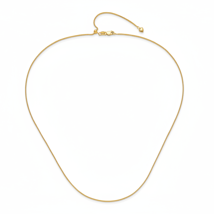 14K Yellow Gold Wheat Chain with adjustable slider clasp and heart pendant 20"