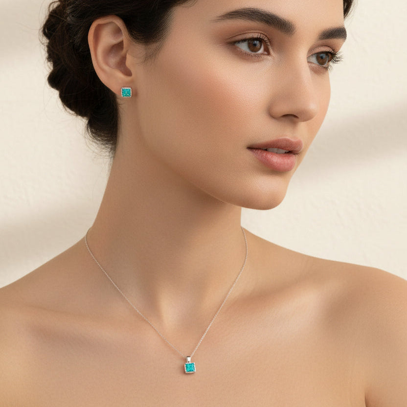 925 Sterling Silver 925 Square Blue Synthetic Opal Set