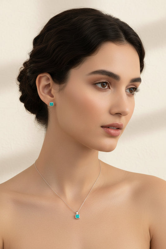 925 Sterling Silver 925 Square Blue Synthetic Opal Set