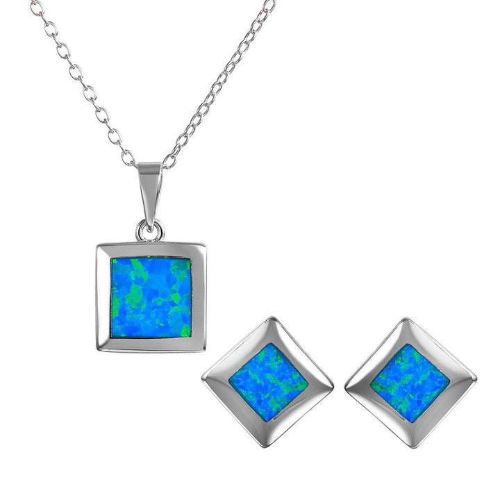 925 Sterling Silver 925 Square Blue Synthetic Opal Set