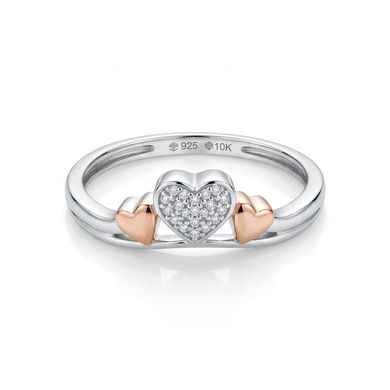 925 Sterling Silver and 10K Rose Gold Accent Heart and Diamonds Ring